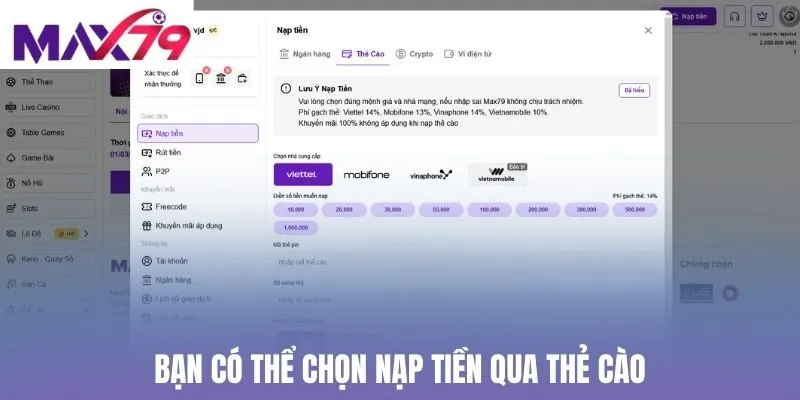 Bạn có thể chọn nạp tiền qua thẻ cào