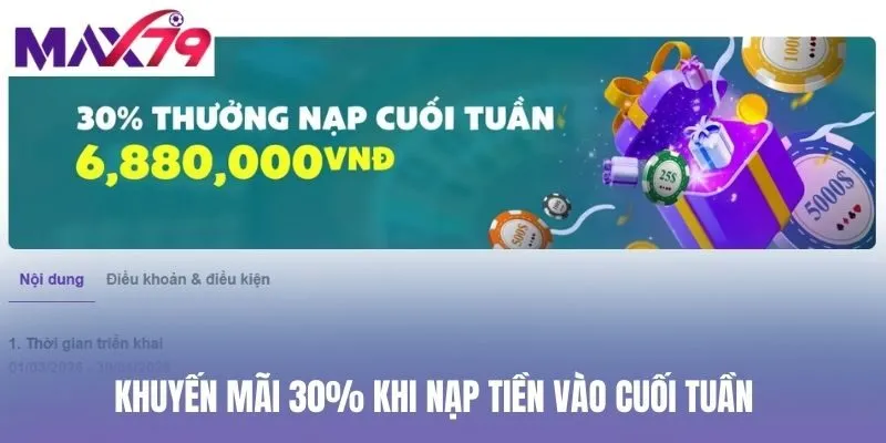 Khuyến mãi 30% khi nạp tiền vào cuối tuần